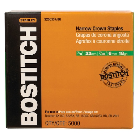 Bostitch Finish Staples, Narrow Crown, 7/8 in Leg L, Steel, 5000 PK SX50357/8G